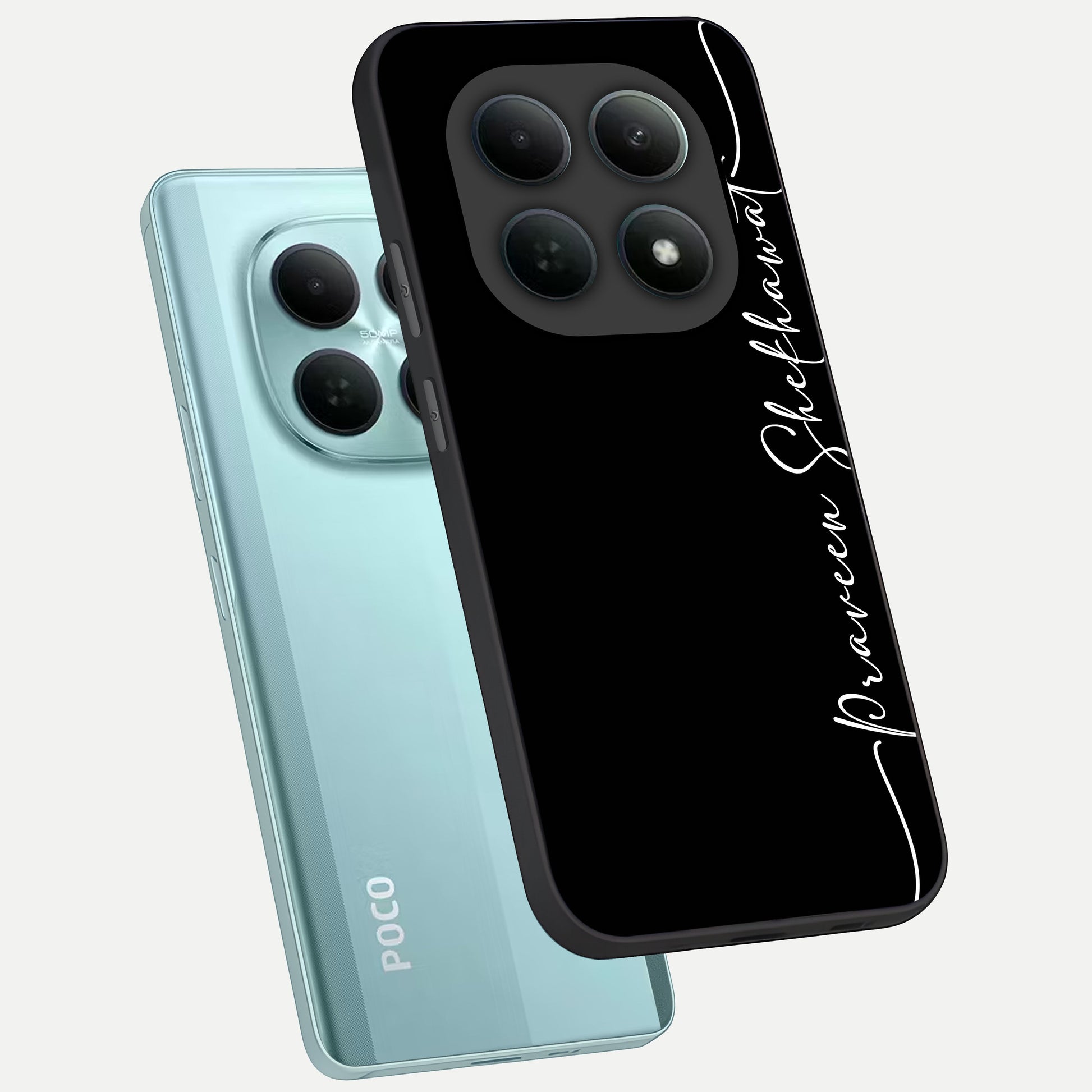  Black Tune Custom Name phone case For Poco M8 showing premium glass back cover with detailed artwork
