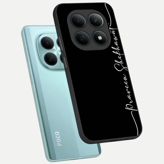  Black Tune Custom Name phone case For Poco M8 showing premium glass back cover with detailed artwork