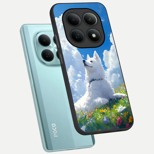  Blissful Cloud Pup phone case For Poco M8 showing premium glass back cover with detailed artwork