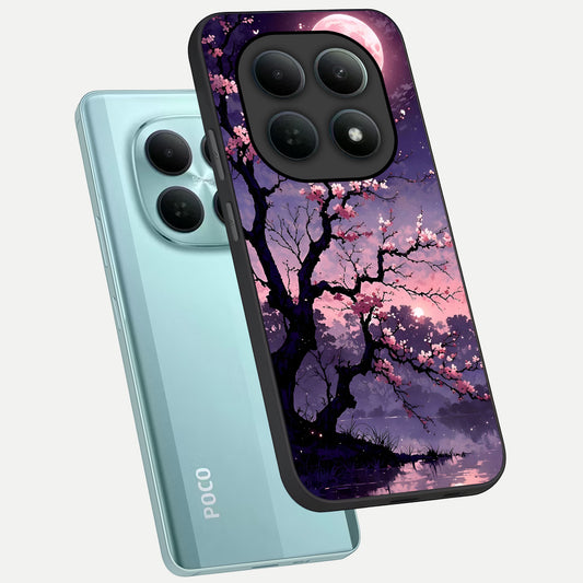  Blossom Pink Moon phone case For Poco M8 showing premium glass back cover with detailed artwork