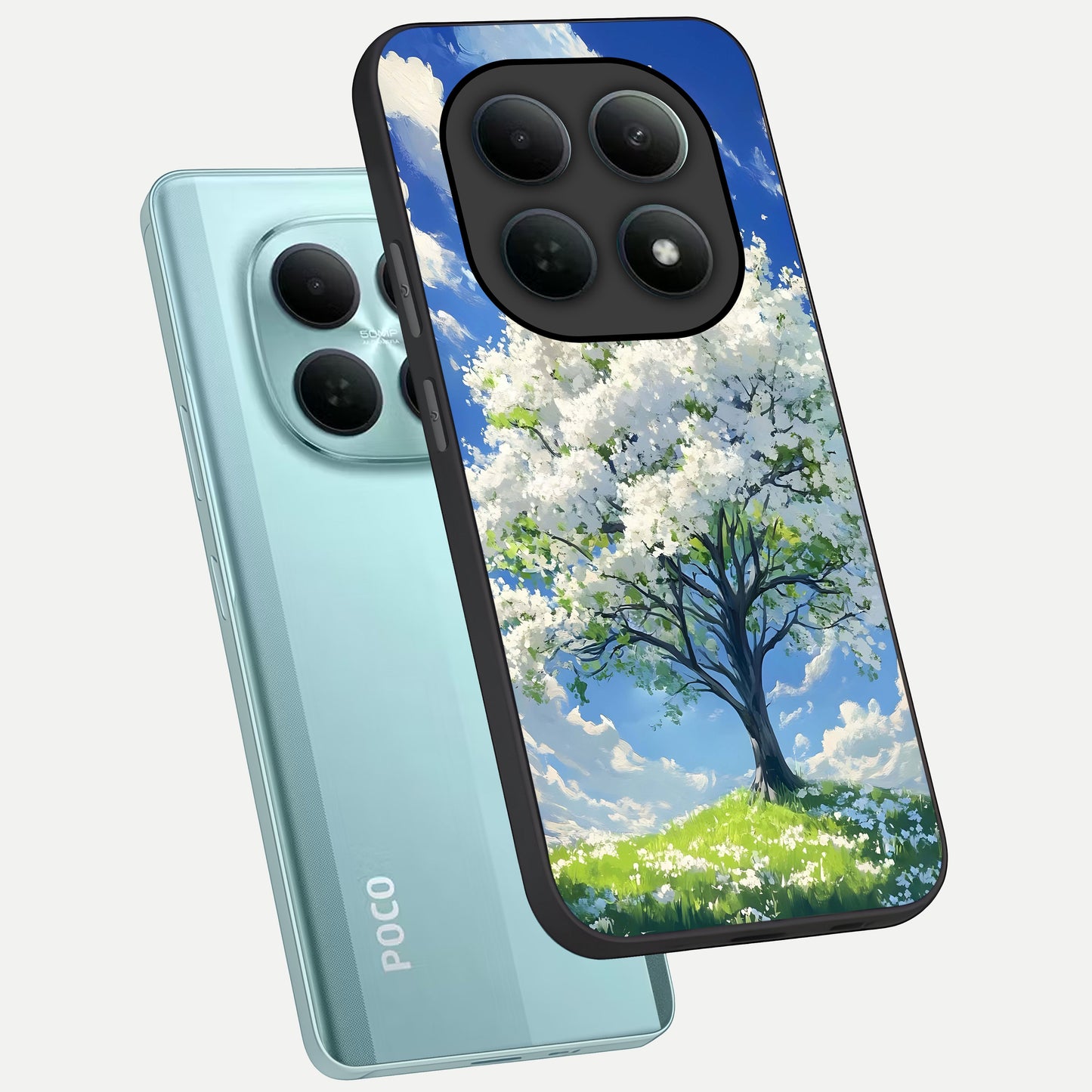  Blossom Sky Serenity phone case For Poco M8 showing premium glass back cover with detailed artwork