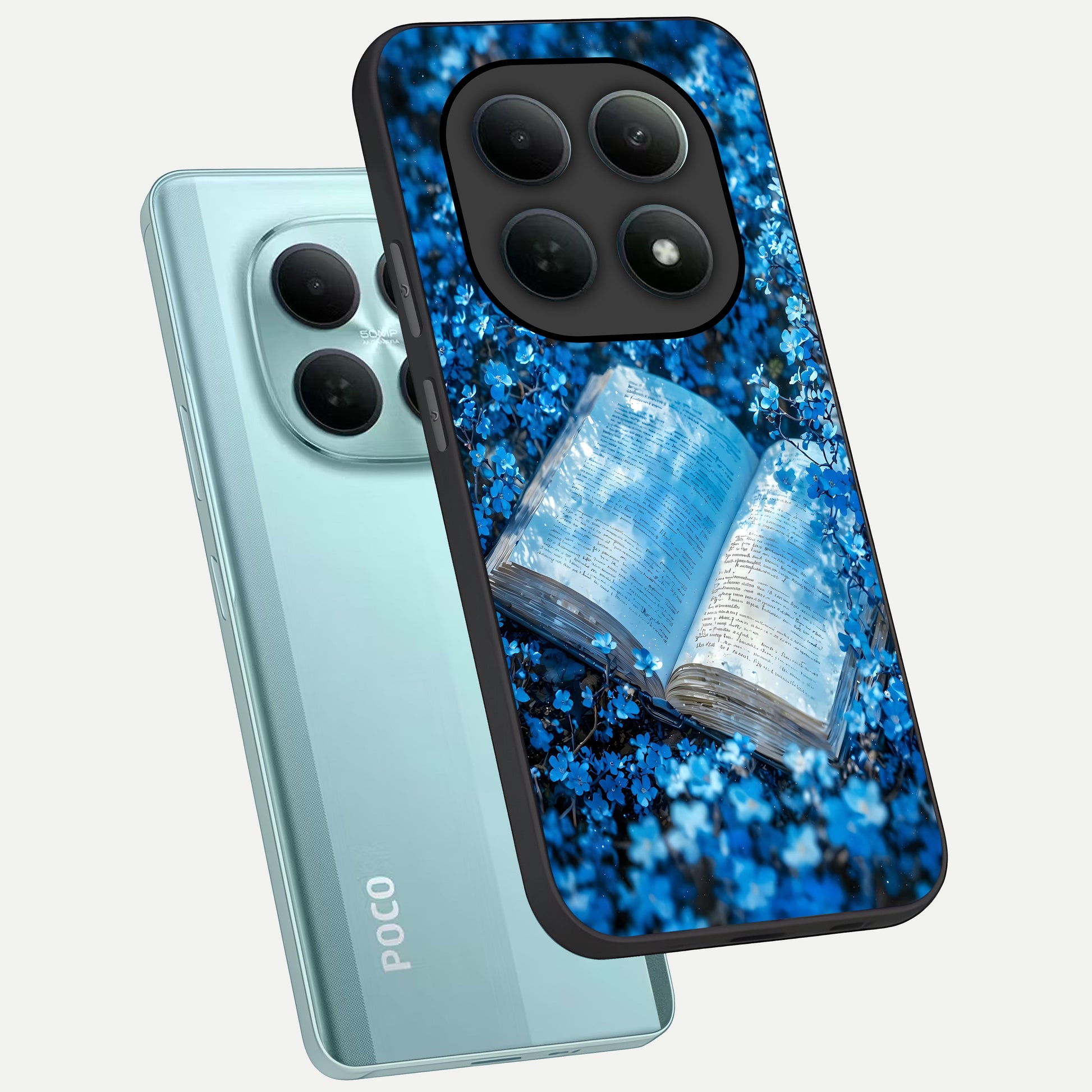  Blue Bloom Tales phone case For Poco M8 showing premium glass back cover with detailed artwork