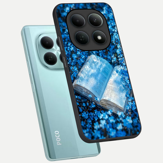  Blue Bloom Tales phone case For Poco M8 showing premium glass back cover with detailed artwork