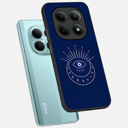  Blue Evil Eye phone case For Poco M8 showing premium glass back cover with detailed artwork