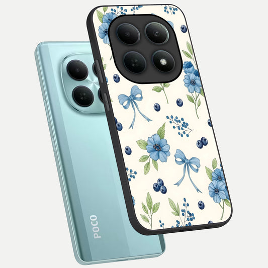  Blue Flower And Bow phone case For Poco M8 showing premium glass back cover with detailed artwork