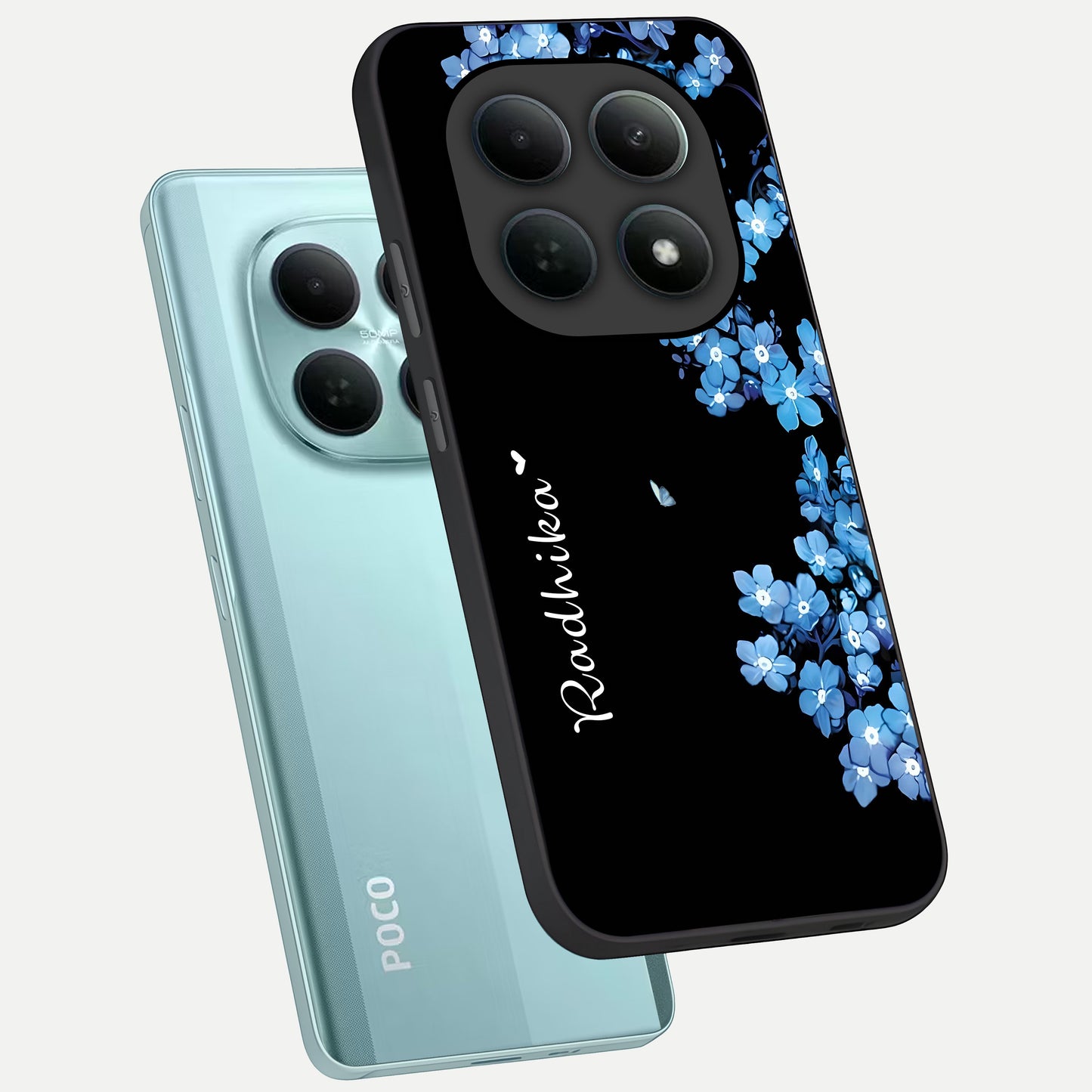  Blue Petal Dream Custom Name phone case For Poco M8 showing premium glass back cover with detailed artwork