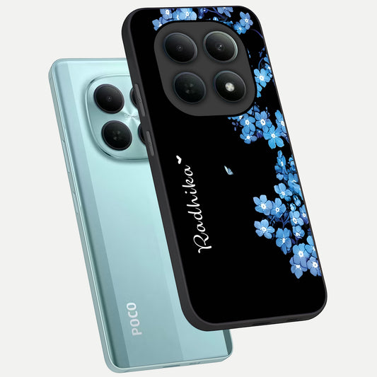  Blue Petal Dream Custom Name phone case For Poco M8 showing premium glass back cover with detailed artwork