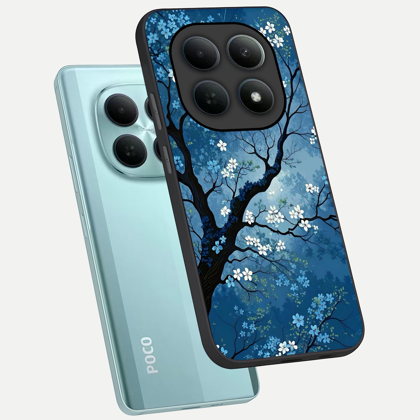  Blue Tree Serenity phone case For Poco M8 showing premium glass back cover with detailed artwork