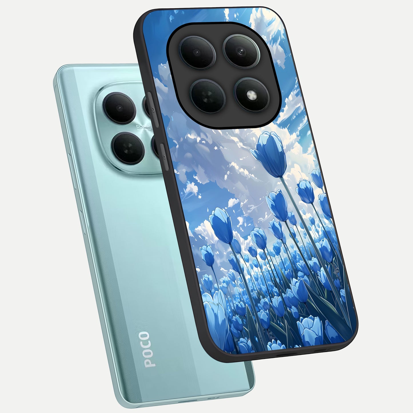 Blue Tulip Clouds phone case For Poco M8 showing premium glass back cover with detailed artwork