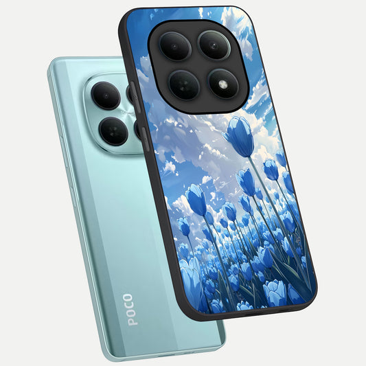  Blue Tulip Clouds phone case For Poco M8 showing premium glass back cover with detailed artwork