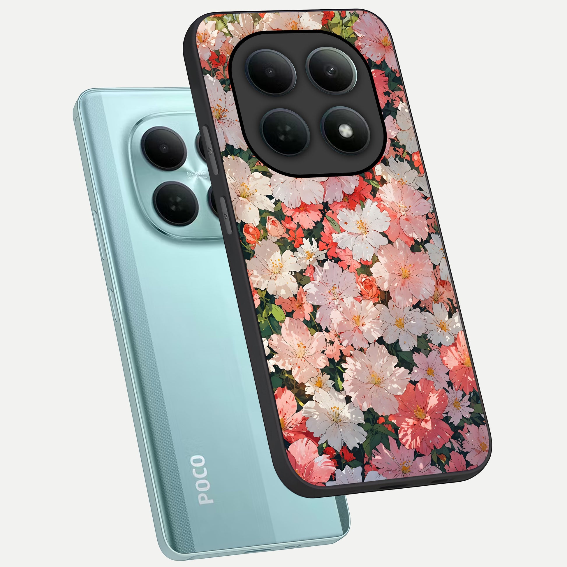 Blush Bloom Field phone case For Poco M8 showing premium glass back cover with detailed artwork