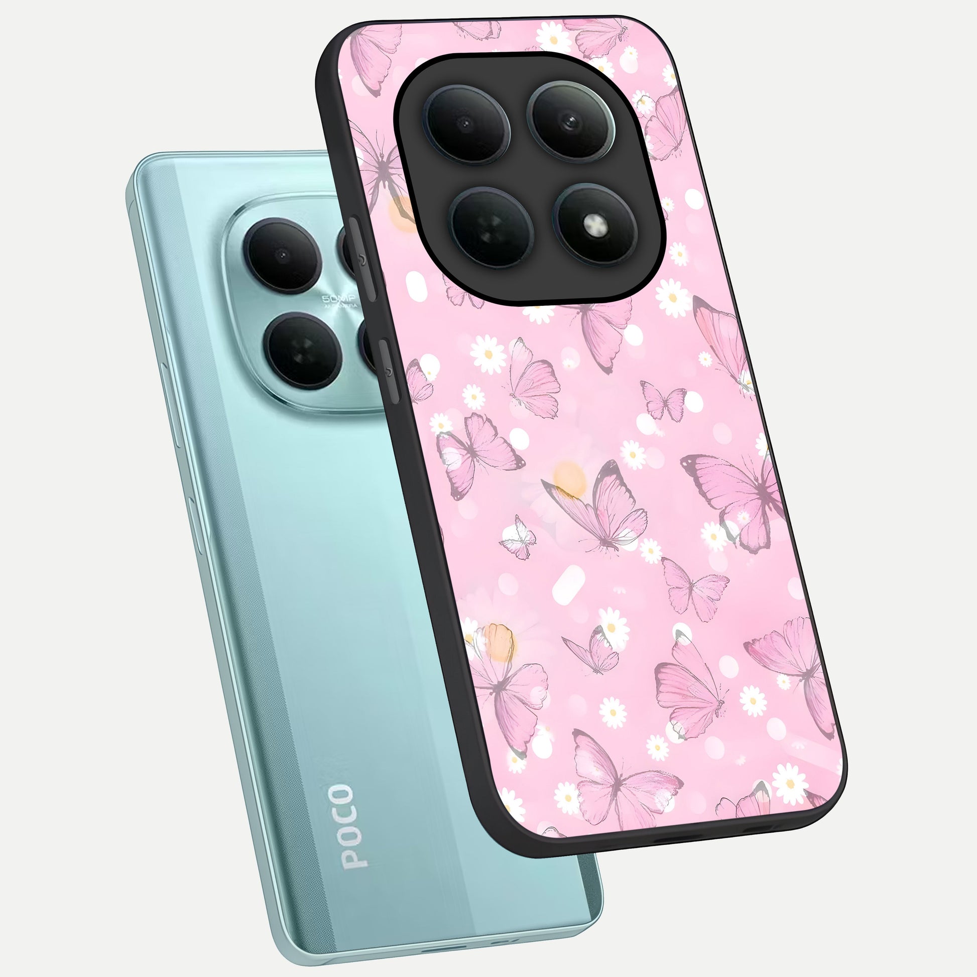  Blush Butterfly Garden phone case For Poco M8 showing premium glass back cover with detailed artwork