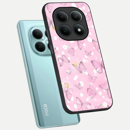  Blush Butterfly Garden phone case For Poco M8 showing premium glass back cover with detailed artwork