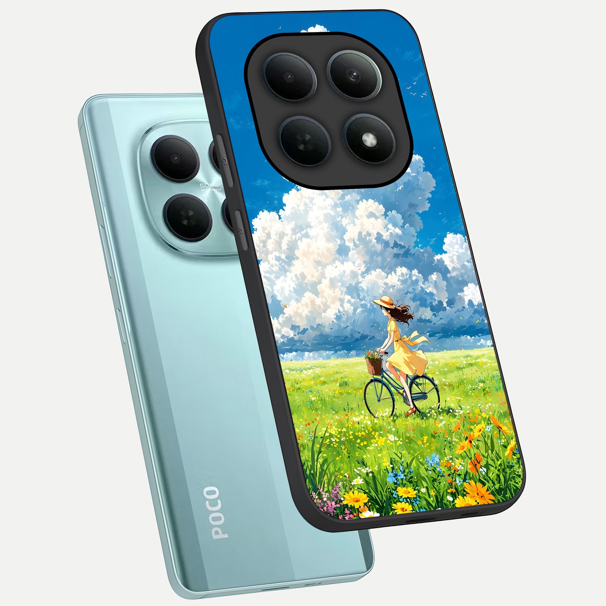  Breezy Meadow Ride phone case For Poco M8 showing premium glass back cover with detailed artwork
