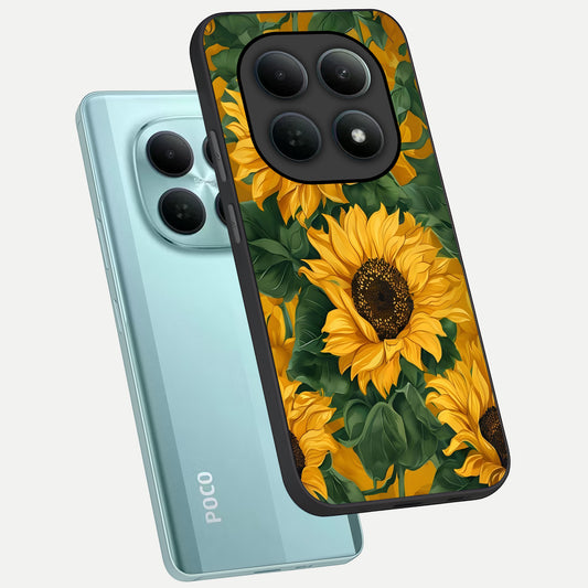  Bright Sunflower Bloom phone case For Poco M8 showing premium glass back cover with detailed artwork