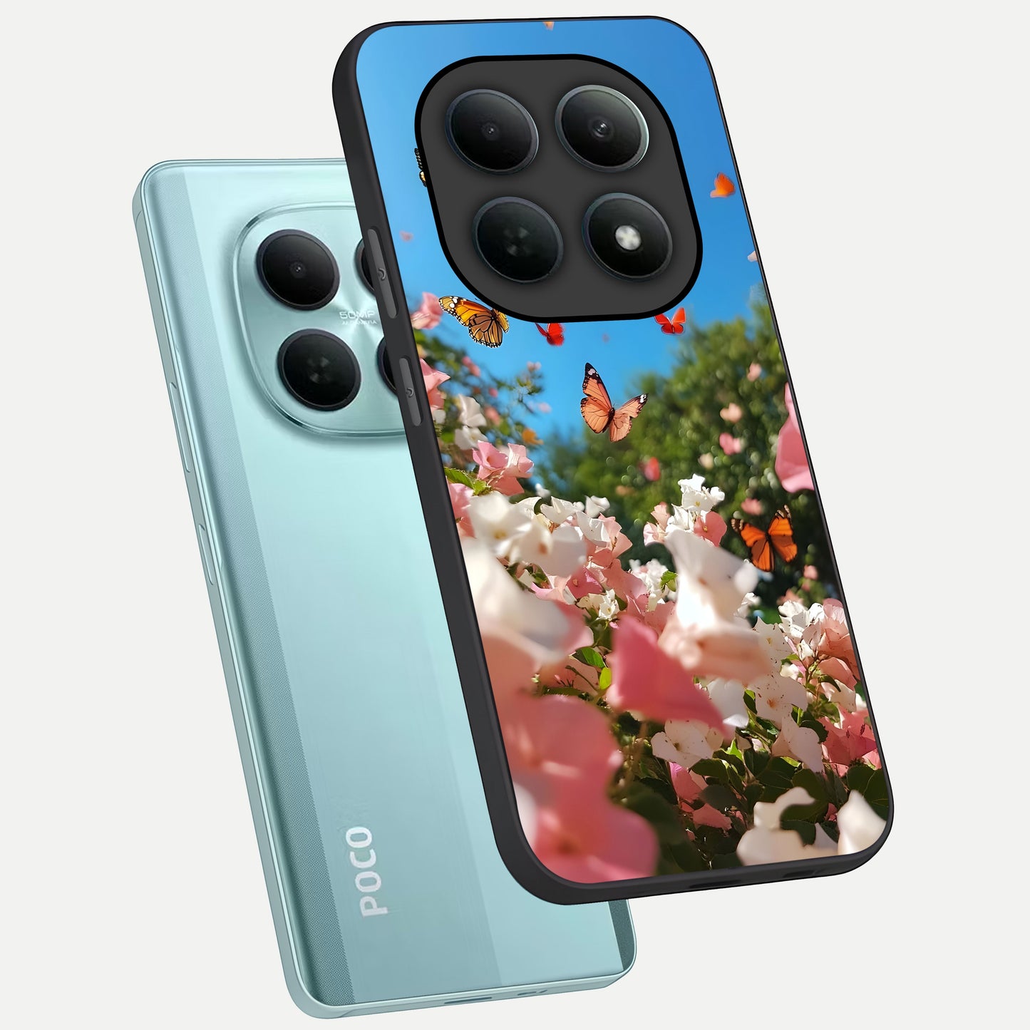  Butterflies In Bloom Sky phone case For Poco M8 showing premium glass back cover with detailed artwork