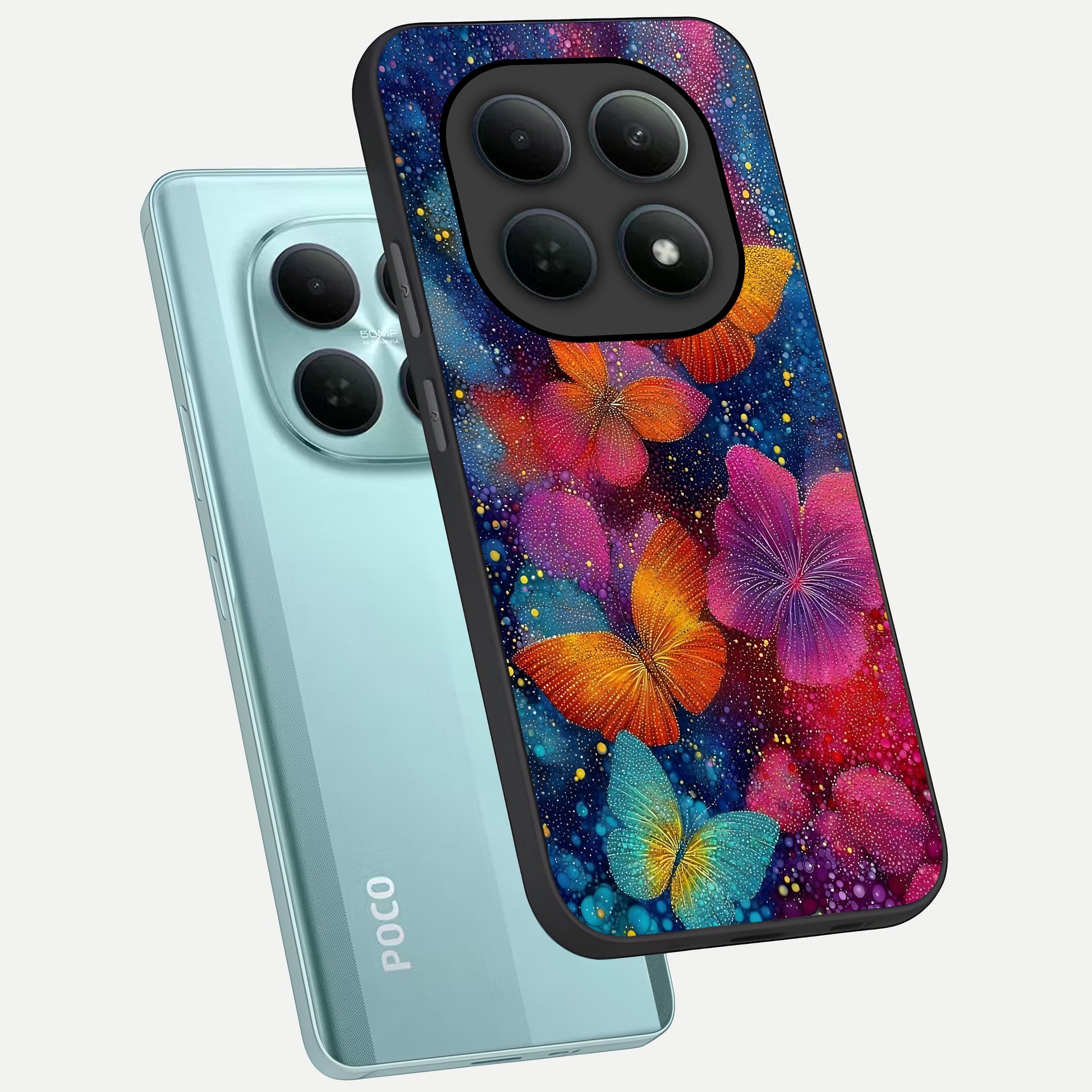  Butterfly Dream Mist phone case For Poco M8 showing premium glass back cover with detailed artwork