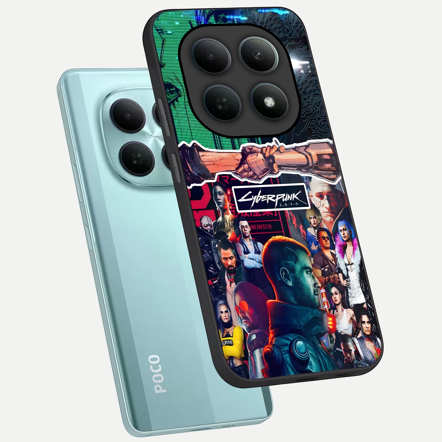  CYBERPUNK Legacy phone case For Poco M8 showing premium glass back cover with detailed artwork