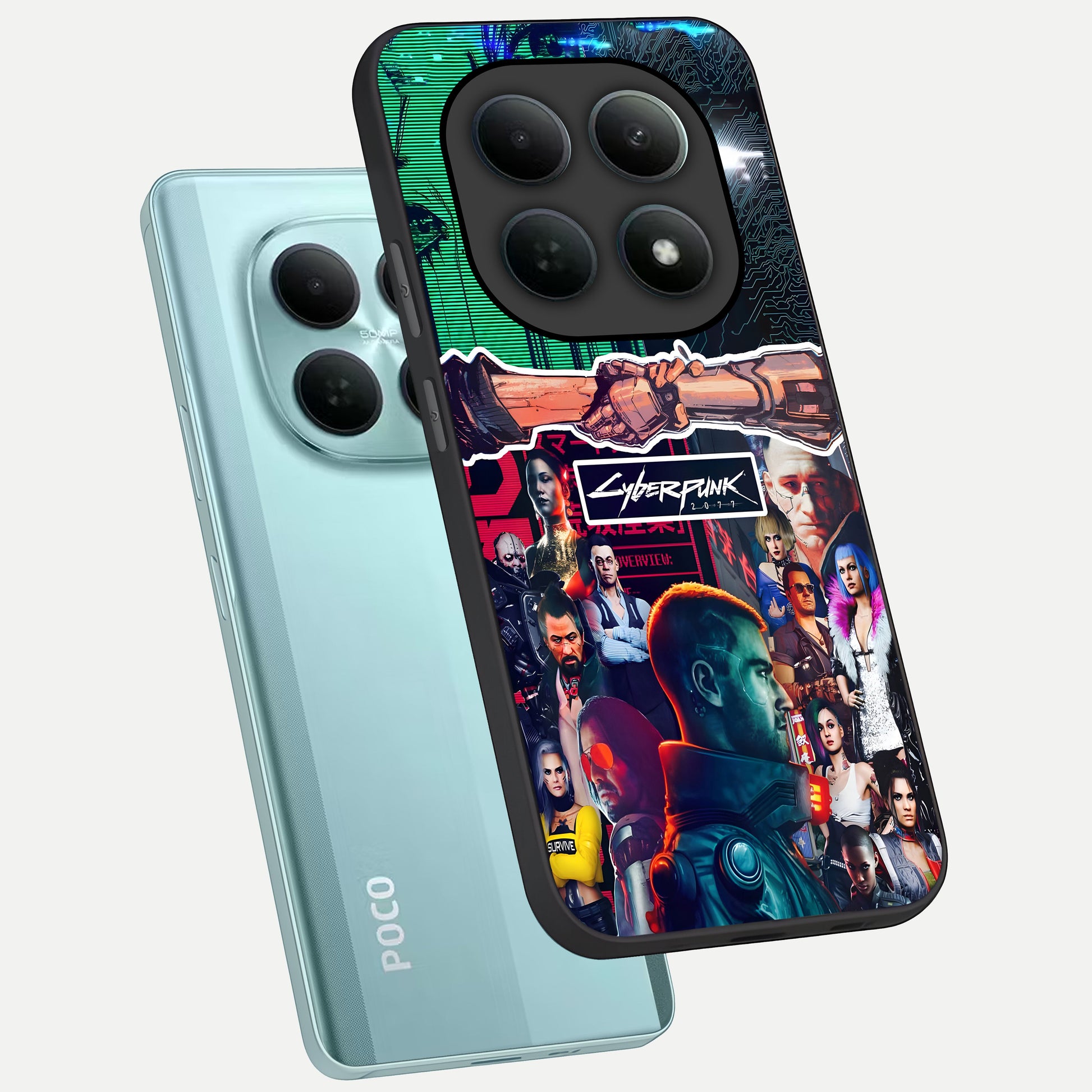  CYBERPUNK Legacy phone case For Poco M8 showing premium glass back cover with detailed artwork