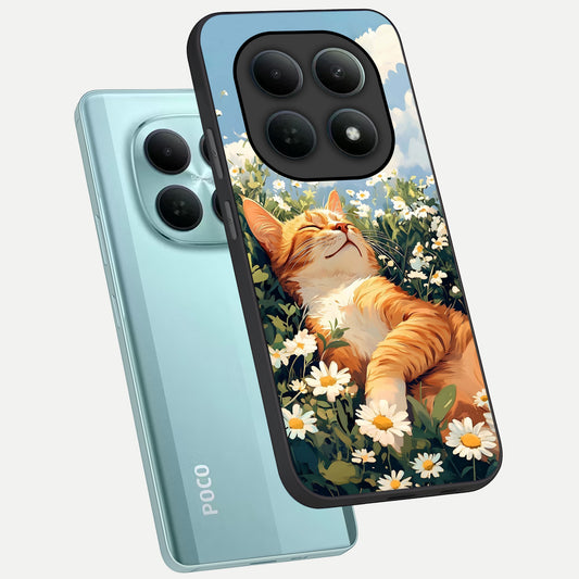  Cat And Flowers View phone case For Poco M8 showing premium glass back cover with detailed artwork