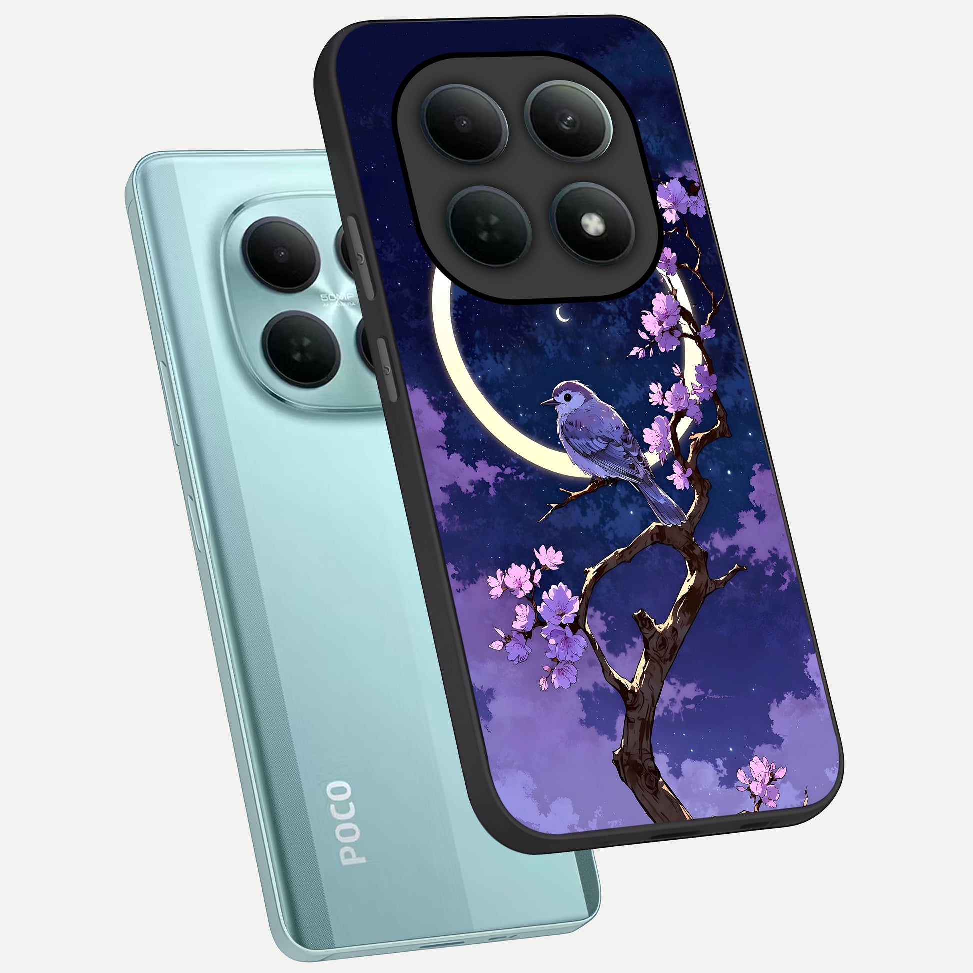  Celestial Bird Blossom phone case For Poco M8 showing premium glass back cover with detailed artwork
