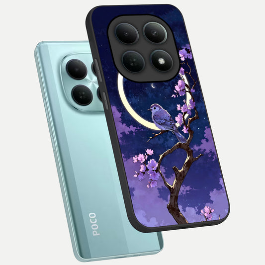  Celestial Bird Blossom phone case For Poco M8 showing premium glass back cover with detailed artwork