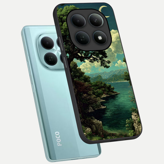  Celestial Lake Peace phone case For Poco M8 showing premium glass back cover with detailed artwork