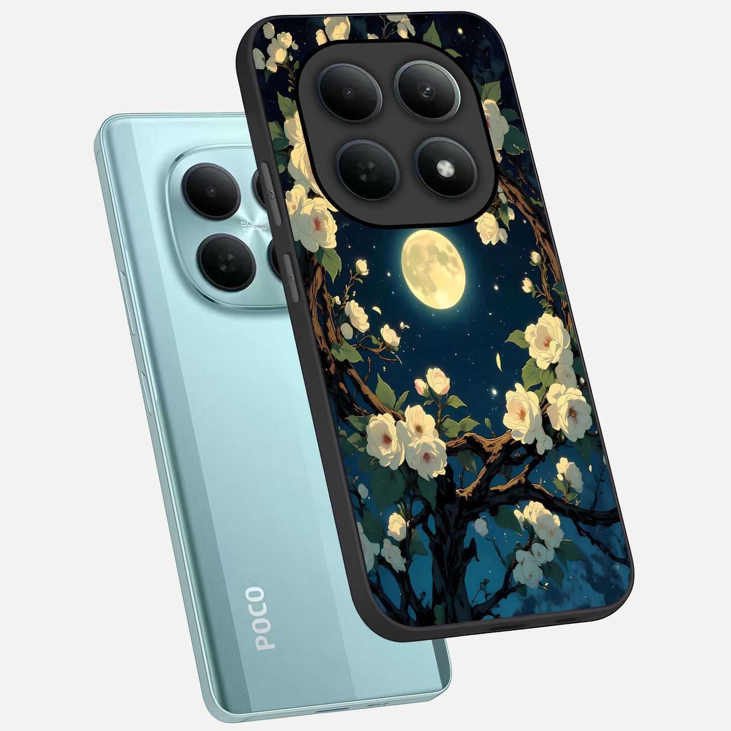  Celestial Moon And Flower phone case For Poco M8 showing premium glass back cover with detailed artwork