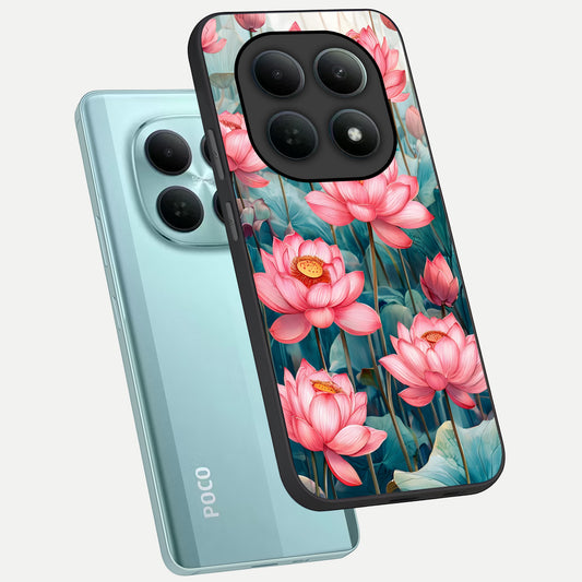  Celestial Pink Lotus phone case For Poco M8 showing premium glass back cover with detailed artwork