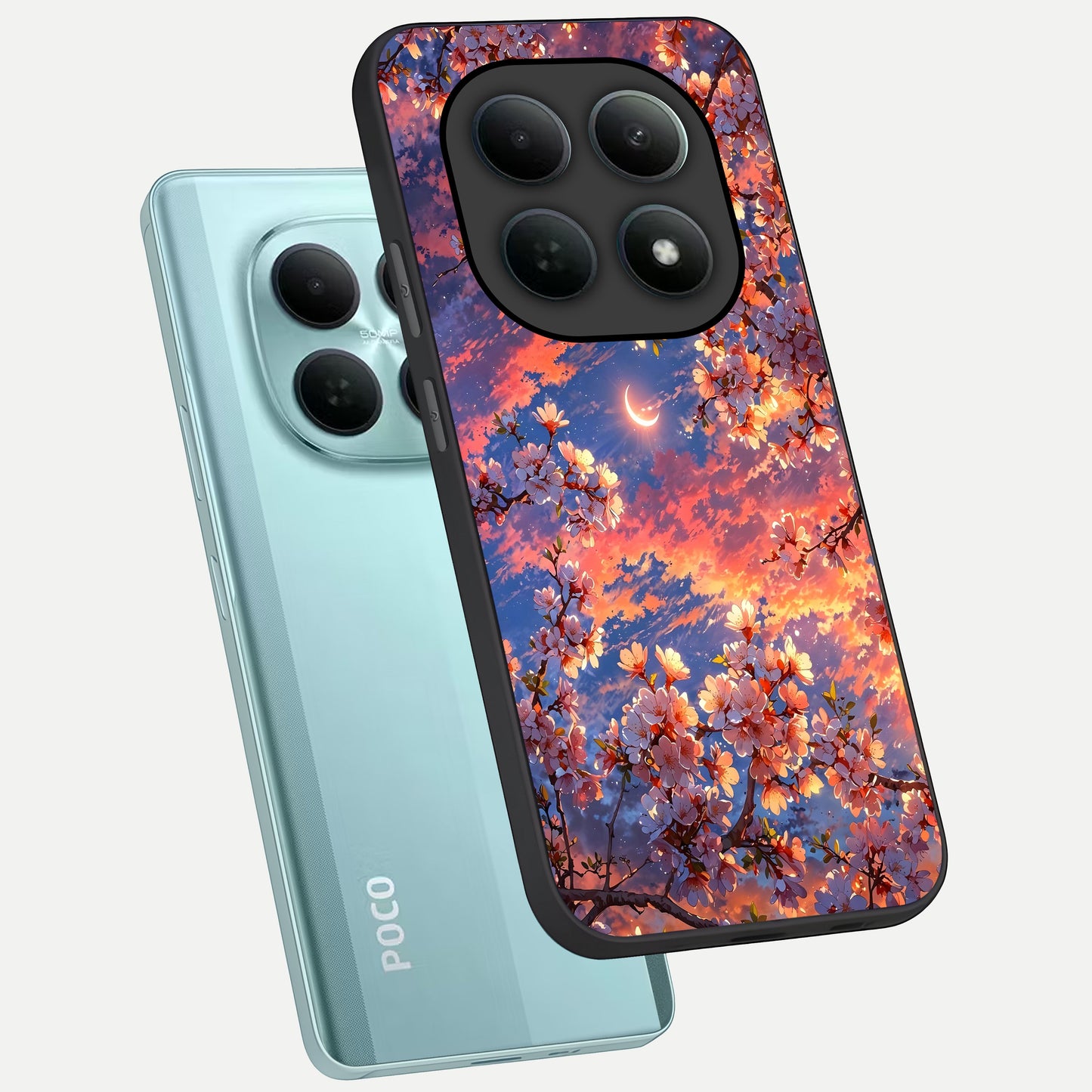  Celestial Sakura Sunset phone case For Poco M8 showing premium glass back cover with detailed artwork