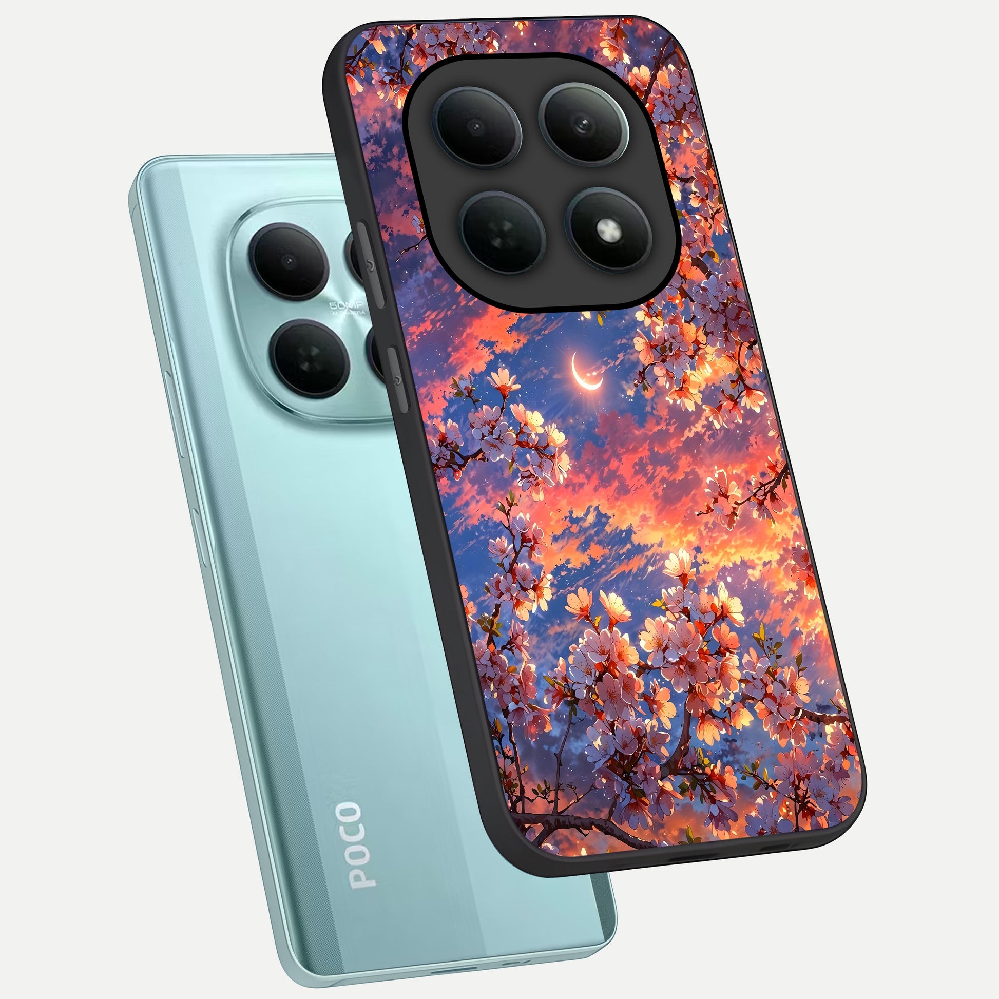 Celestial Sakura Sunset phone case For Poco M8 showing premium glass back cover with detailed artwork