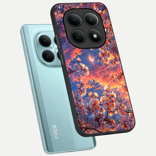 Celestial Sakura Sunset phone case For Poco M8 showing premium glass back cover with detailed artwork