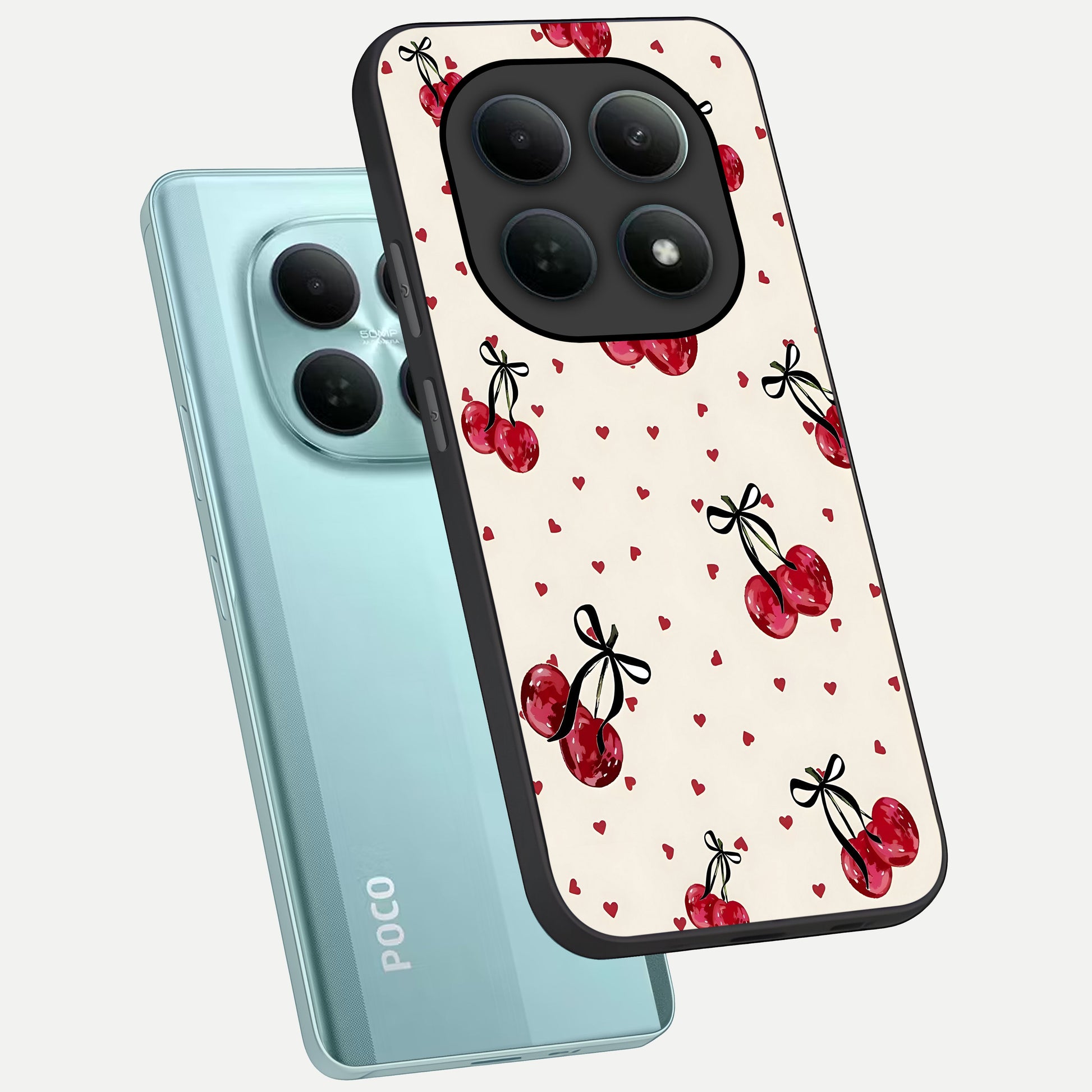  Cherry Heart Bow phone case For Poco M8 showing premium glass back cover with detailed artwork