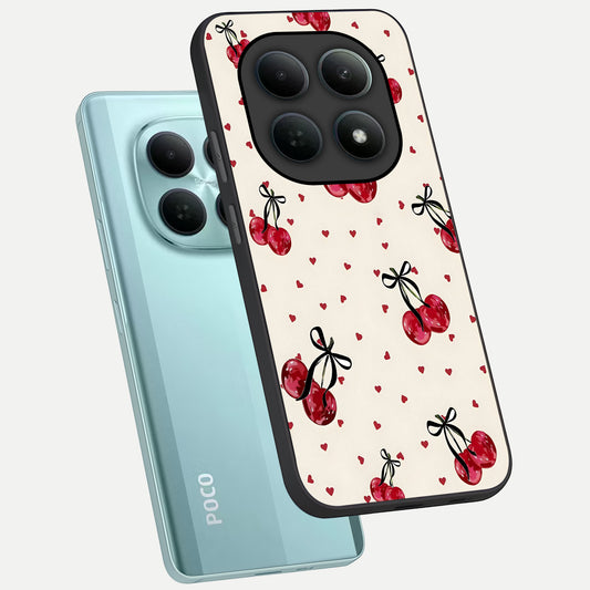  Cherry Heart Bow phone case For Poco M8 showing premium glass back cover with detailed artwork