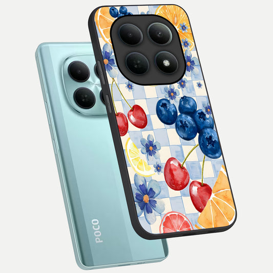  Citrus Bloom Joy phone case For Poco M8 showing premium glass back cover with detailed artwork