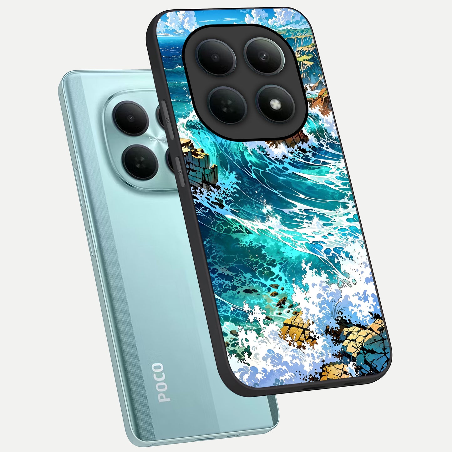  Coastal Blue Waves phone case For Poco M8 showing premium glass back cover with detailed artwork