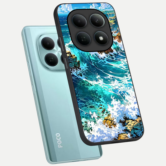  Coastal Blue Waves phone case For Poco M8 showing premium glass back cover with detailed artwork