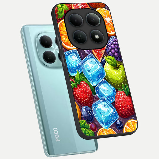  Colorful Fruits with Ice phone case For Poco M8 showing premium glass back cover with detailed artwork
