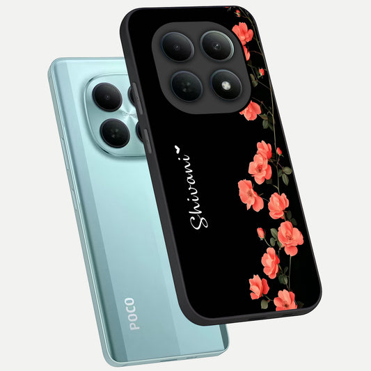  Crimson Bloom Grace Custom Name phone case For Poco M8 showing premium glass back cover with detailed artwork