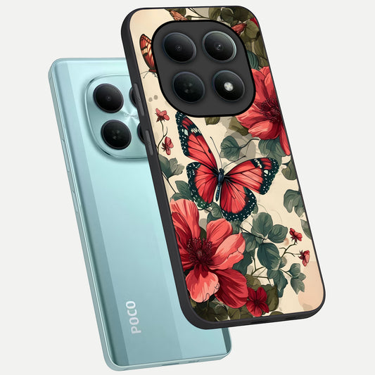  Crimson Butterfly Garden phone case For Poco M8 showing premium glass back cover with detailed artwork