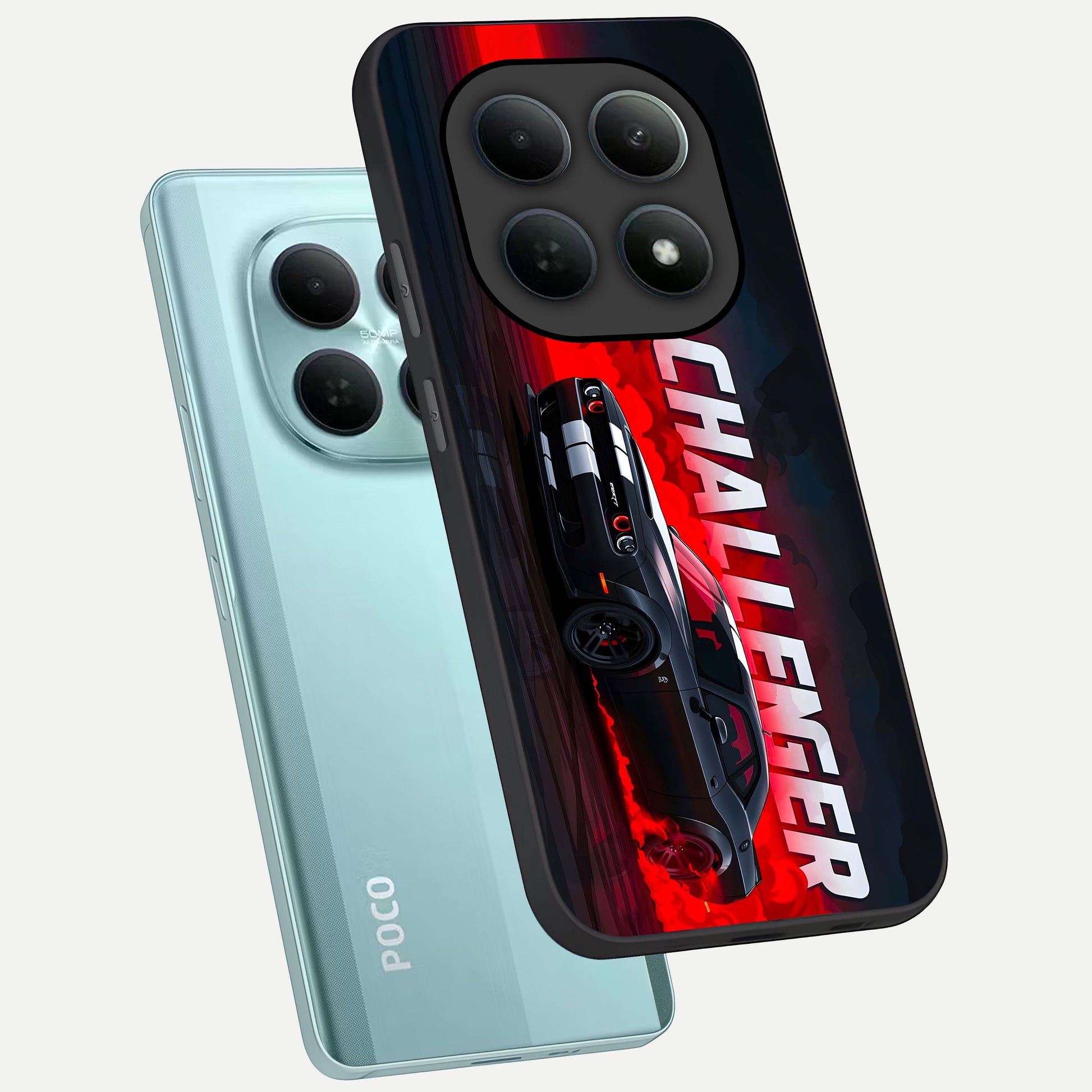  Crimson Challenger Fury phone case For Poco M8 showing premium glass back cover with detailed artwork
