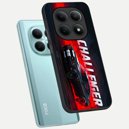  Crimson Challenger Fury phone case For Poco M8 showing premium glass back cover with detailed artwork