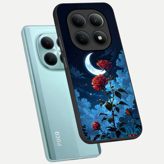  Crimson Rose Moon phone case For Poco M8 showing premium glass back cover with detailed artwork
