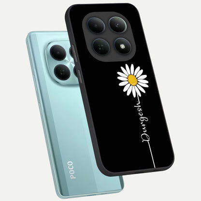  Custom Name White Flower phone case For Poco M8 showing premium glass back cover with detailed artwork