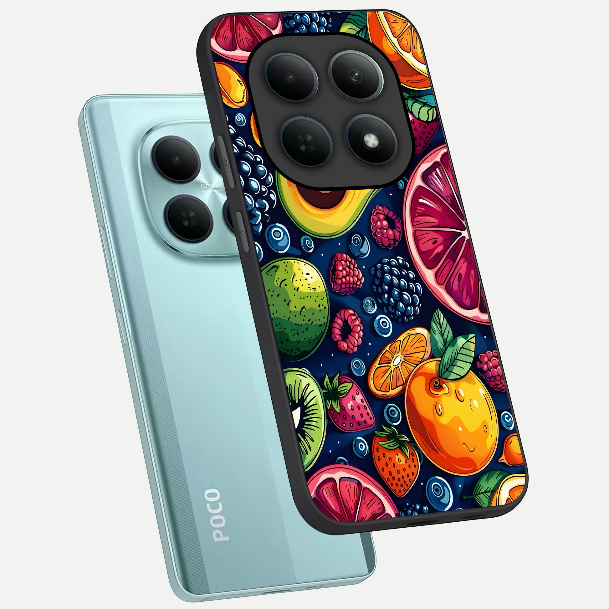  Cute Fruits Art phone case For Poco M8 showing premium glass back cover with detailed artwork