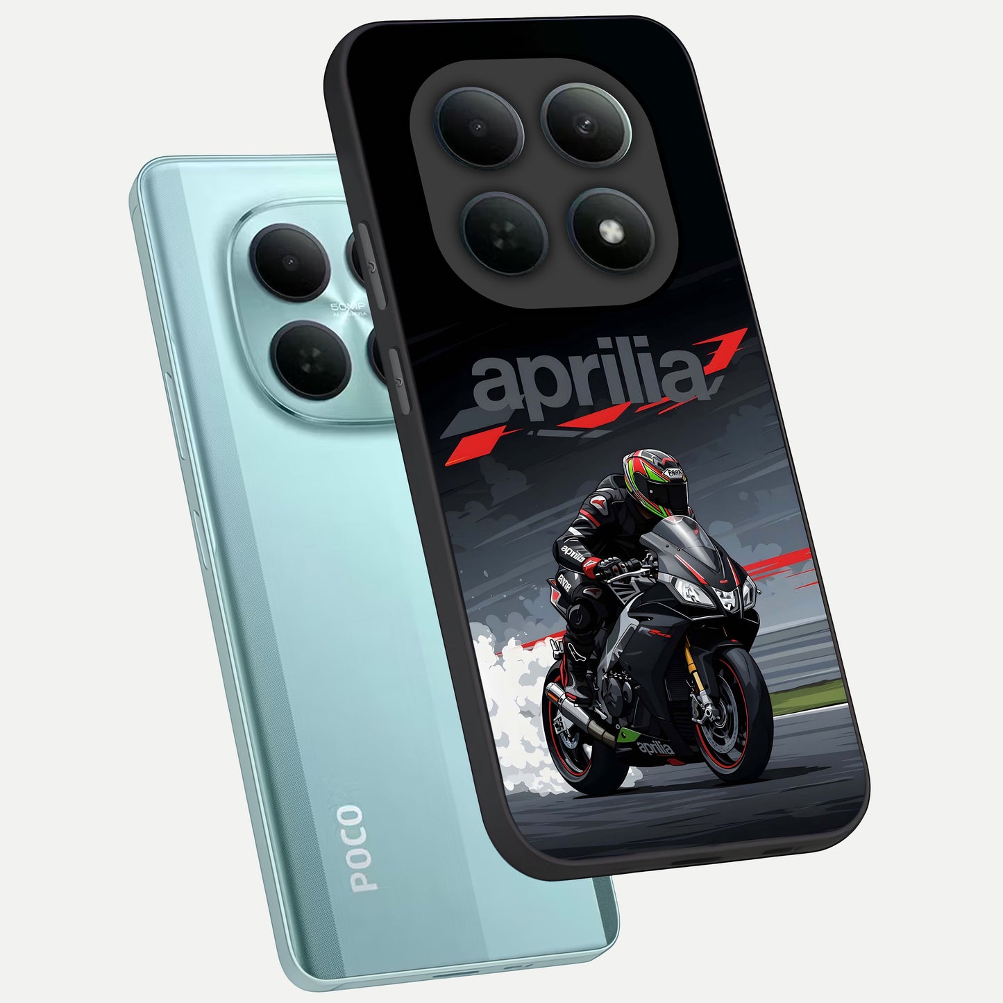  Dark Aprilla phone case For Poco M8 showing premium glass back cover with detailed artwork