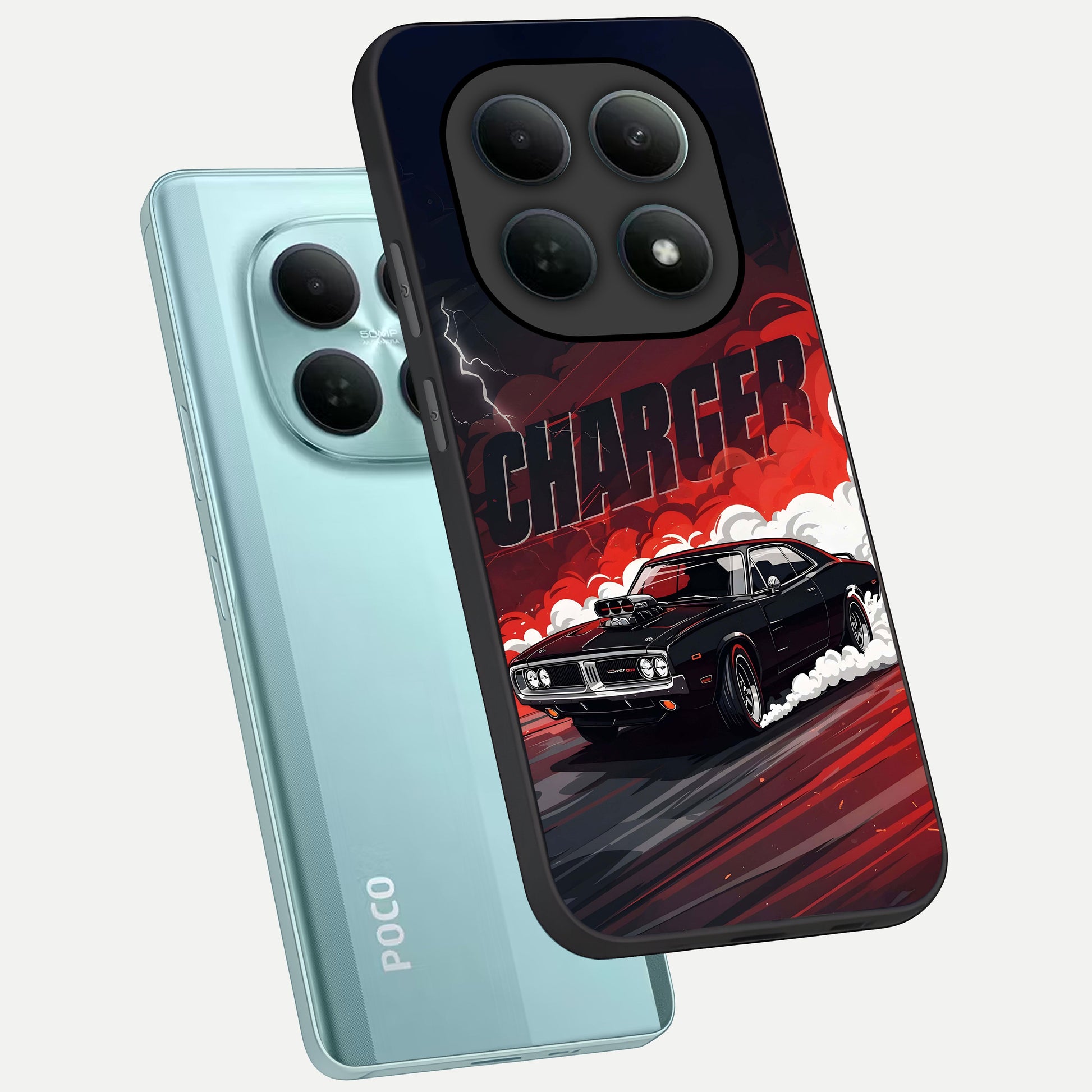  Dark Charger Fury phone case For Poco M8 showing premium glass back cover with detailed artwork