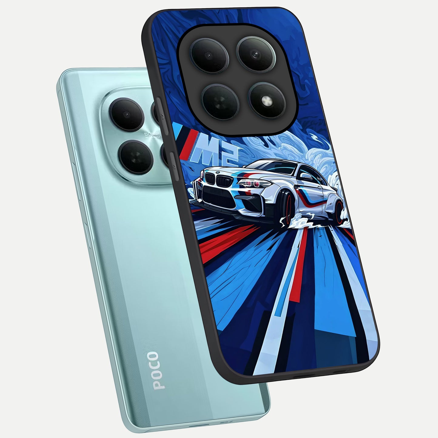  Drift Power Rush phone case For Poco M8 showing premium glass back cover with detailed artwork