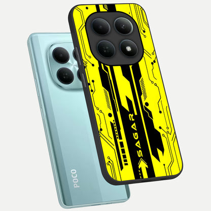  Electric Pulse CYBERPUNK Custom Name phone case For Poco M8 showing premium glass back cover with detailed artwork