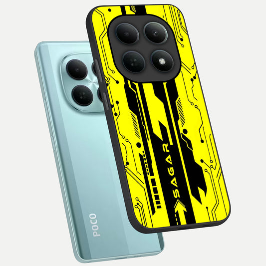  Electric Pulse CYBERPUNK Custom Name phone case For Poco M8 showing premium glass back cover with detailed artwork